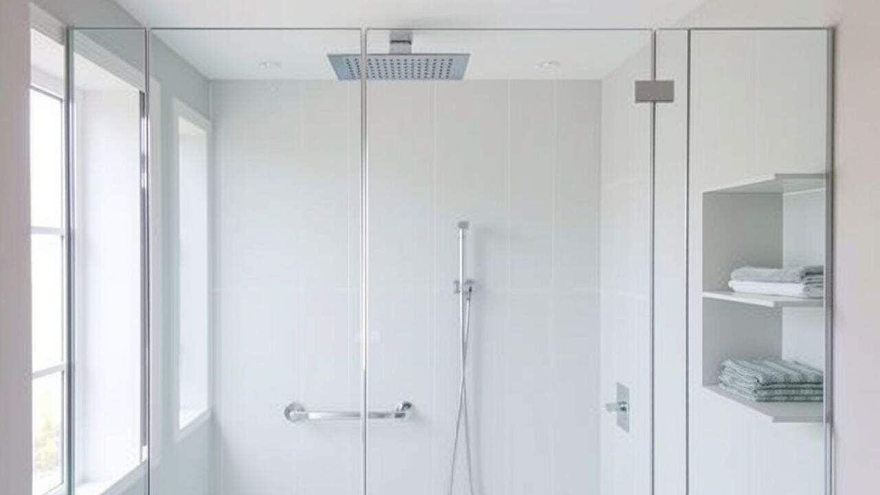 A modern wet room with floor-to-ceiling glass walls and rainfall showerhead.