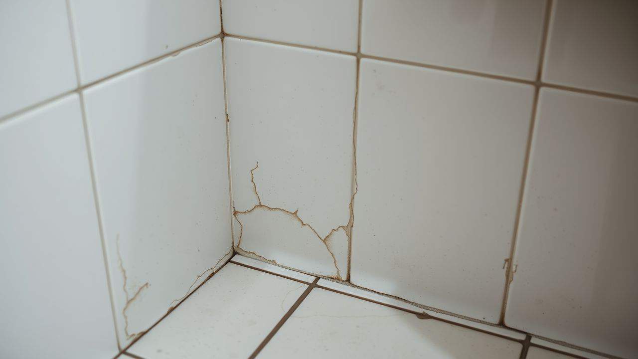 The image shows a bathroom corner with water stains and cracked tiles.