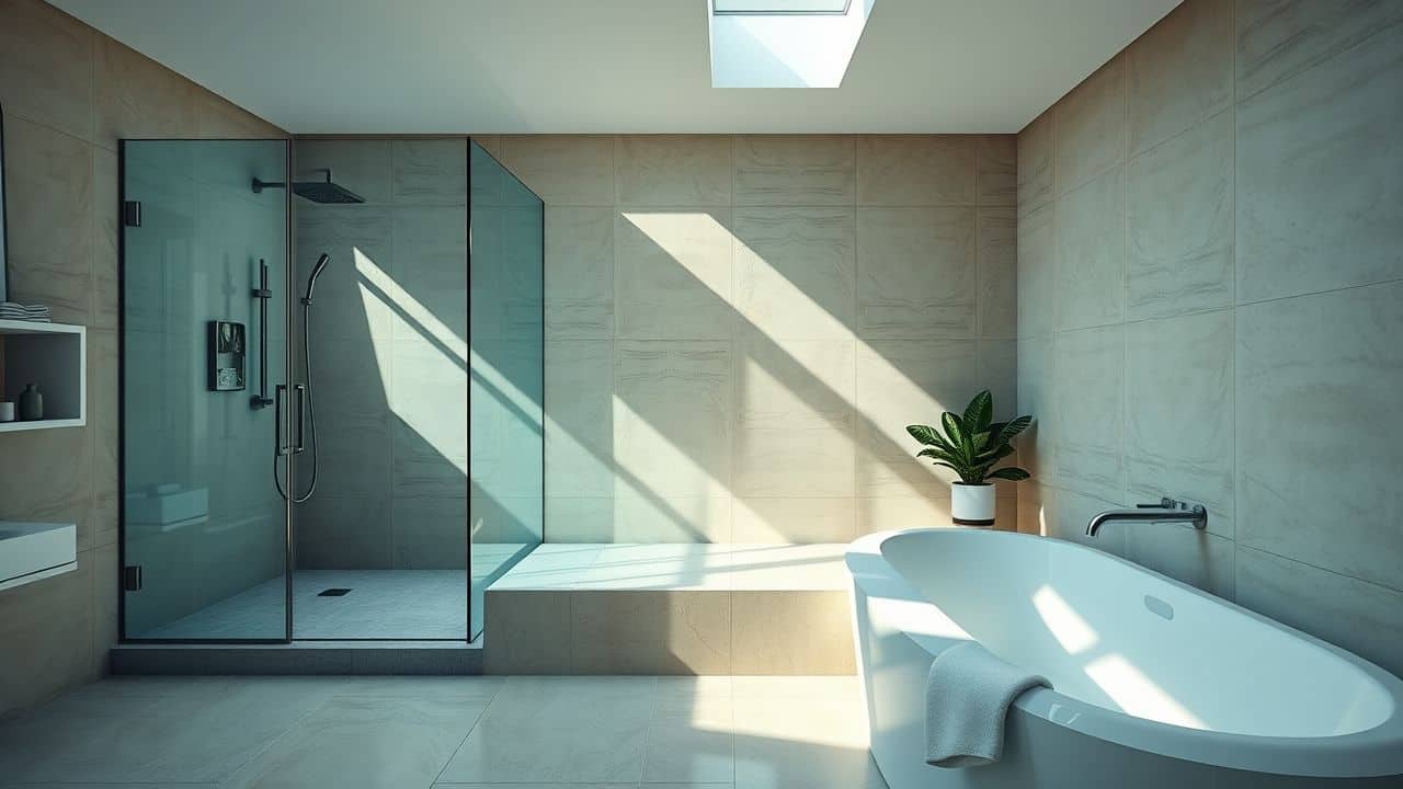 A spacious, luxurious wet room with glass shower and bathtub.