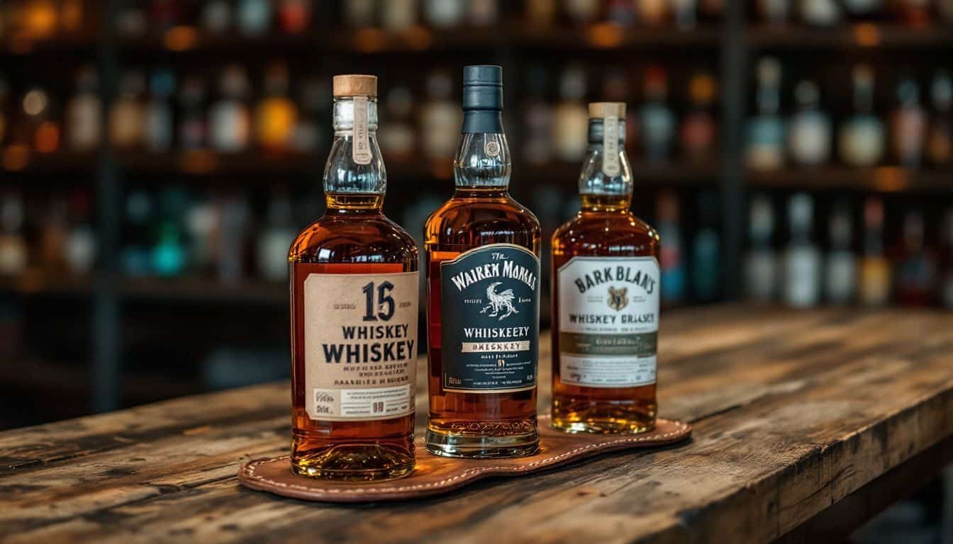 Three whiskey bottles neatly arranged on a wooden table.