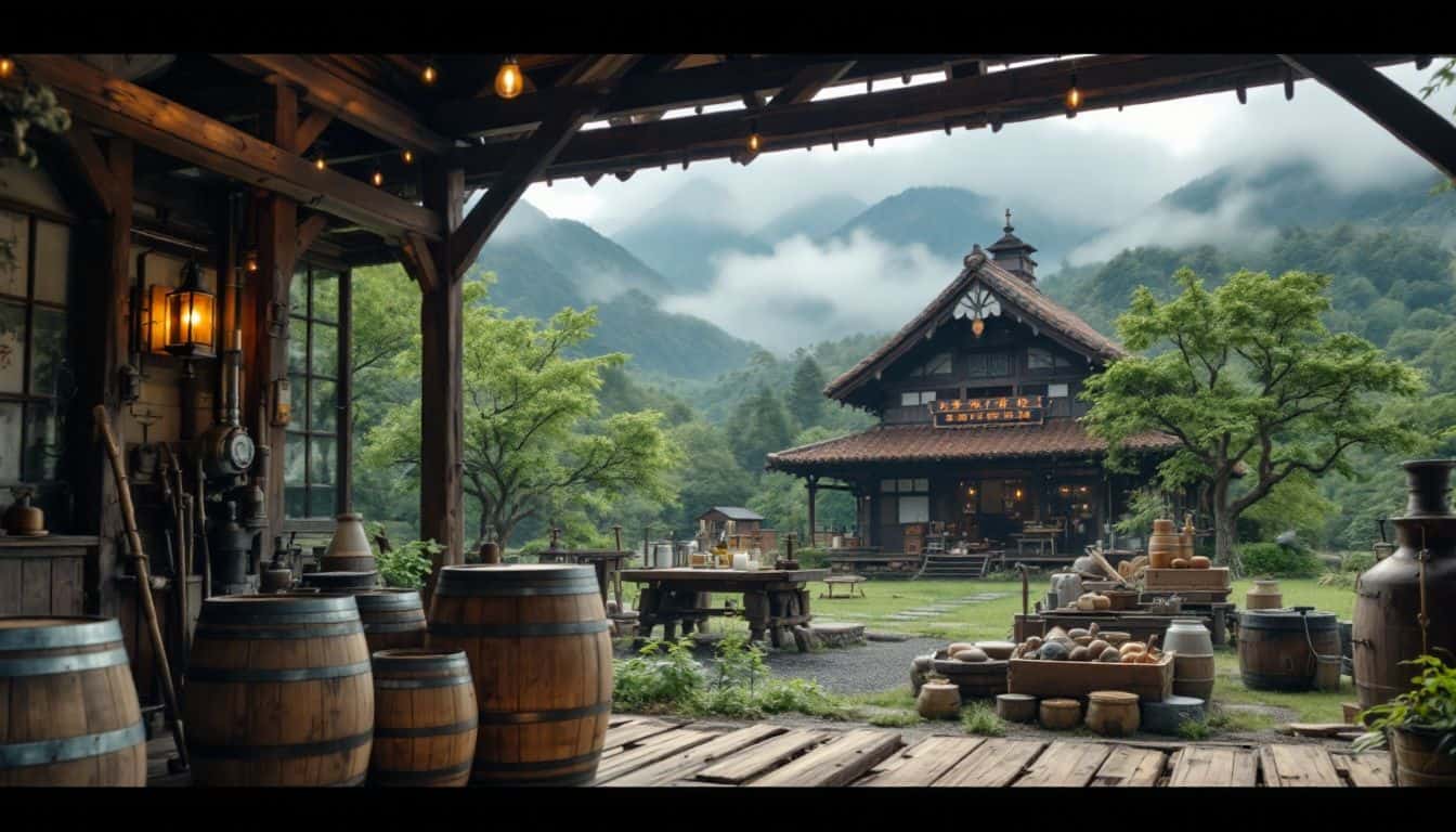 A rustic Japanese whiskey distillery nestled in peaceful countryside.