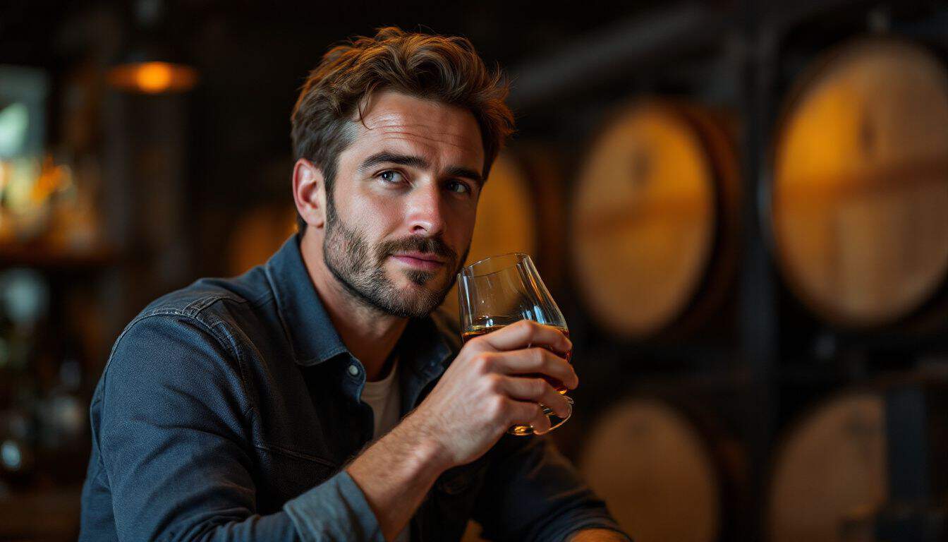 A man in his 30s enjoying a glass of Japanese whisky.