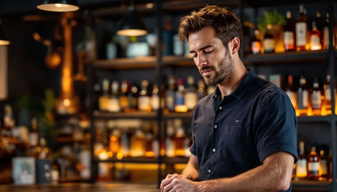 A man examines flavored whiskies at a Japanese distillery.