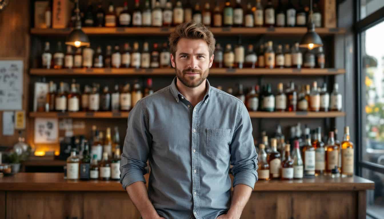 A middle-aged man explores a Japanese whiskey bar with well-stocked shelves.