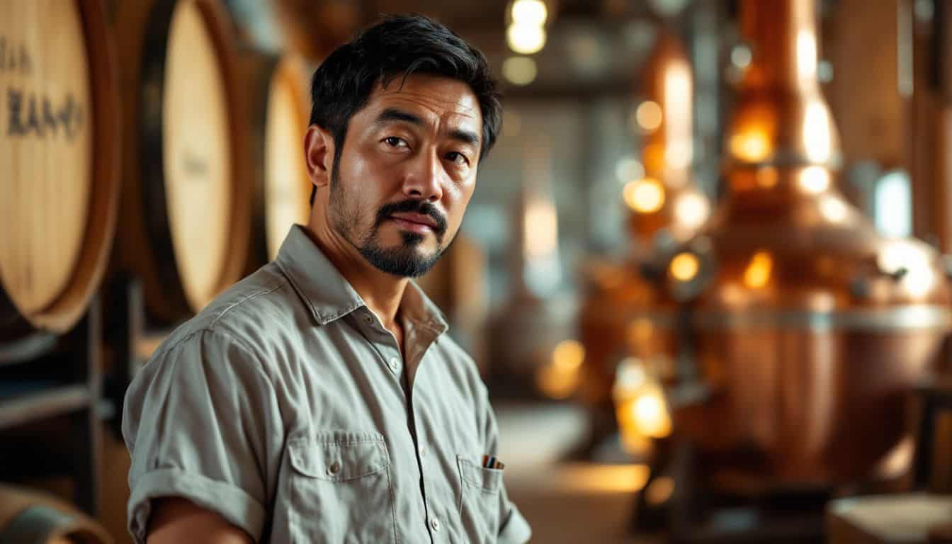 A master distiller inspects whiskey aging process in Japanese distillery.