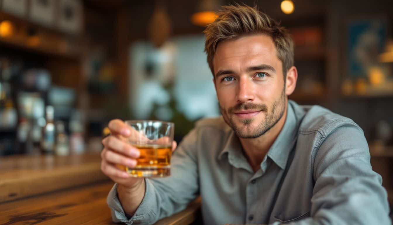 A man enjoys Japanese whiskey at a traditional bar.