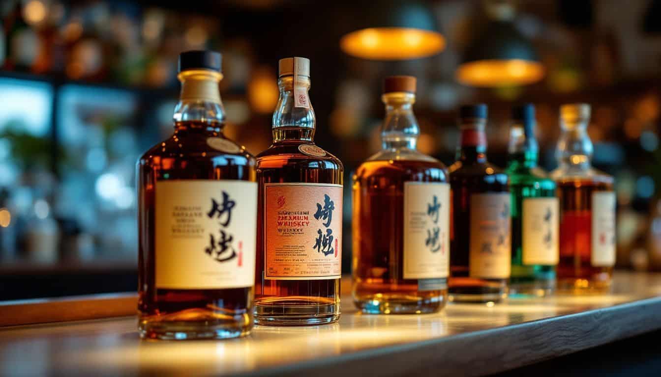 A variety of premium Japanese whiskey bottles displayed on a bar counter.