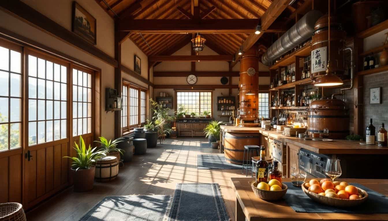 A peaceful Japanese whiskey distillery in the hills of Kyoto.