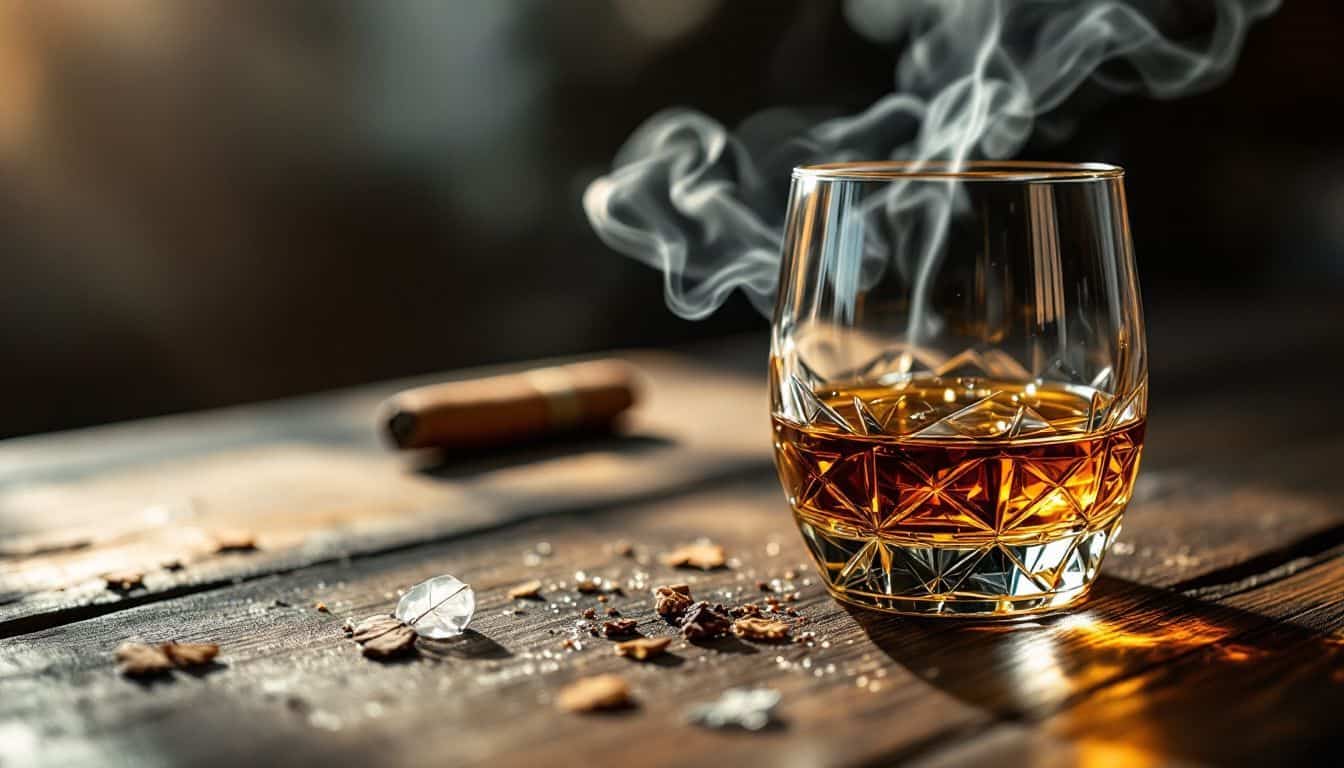 A single whiskey glass with amber whiskey and cigar smoke.