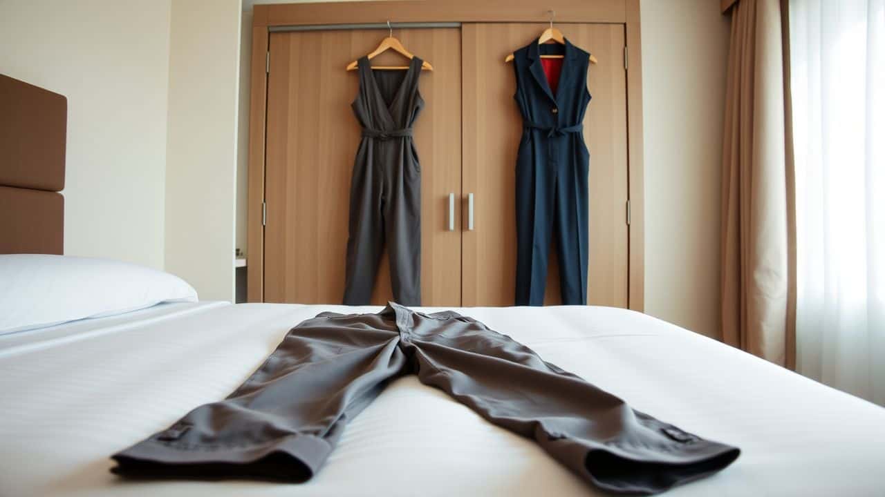 Casual clothing laid out on a hotel bed with jumpsuit hanging.