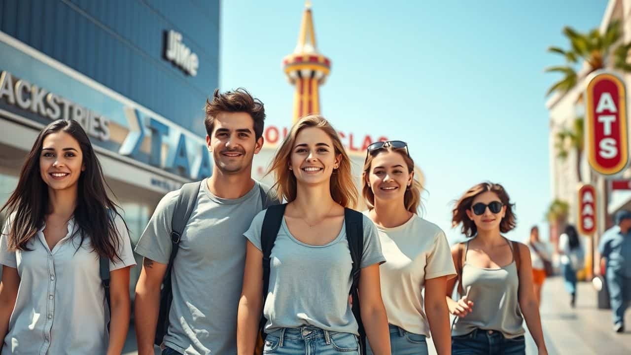 A group of young adults walking on the Las Vegas Strip.