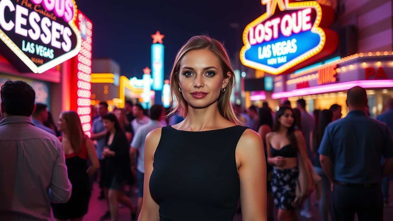 A woman in her 20s wearing a black dress outside a club in Las Vegas.