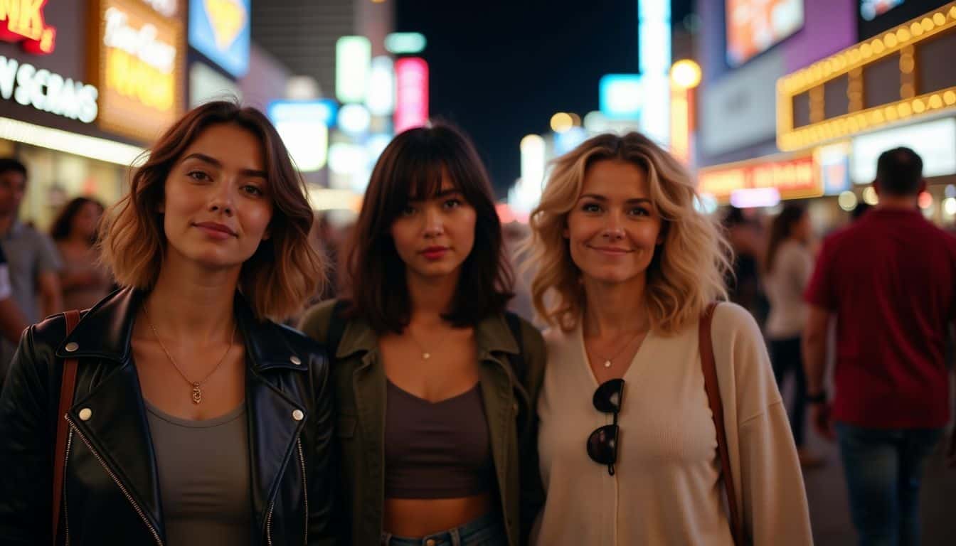 A group of friends walking on the busy Las Vegas Strip at night.