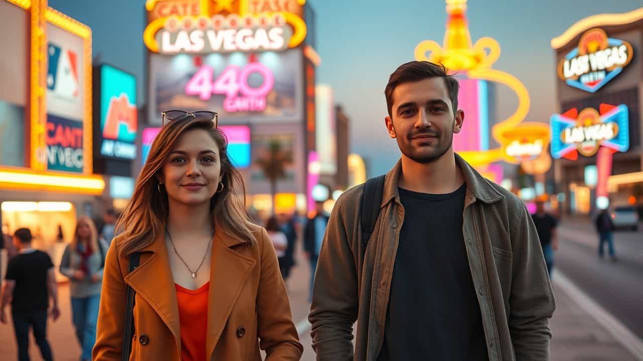 A young couple walks along the Las Vegas Strip at sunset.