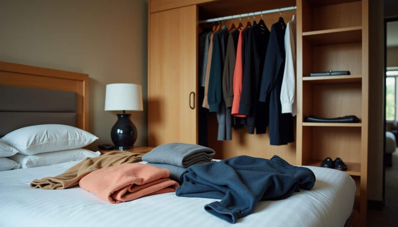 A hotel room in Las Vegas with neatly arranged wardrobe and outfits.