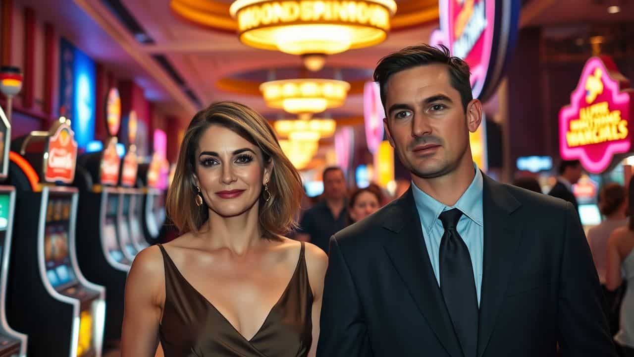 A couple in their 30s walking through a crowded casino in Las Vegas.