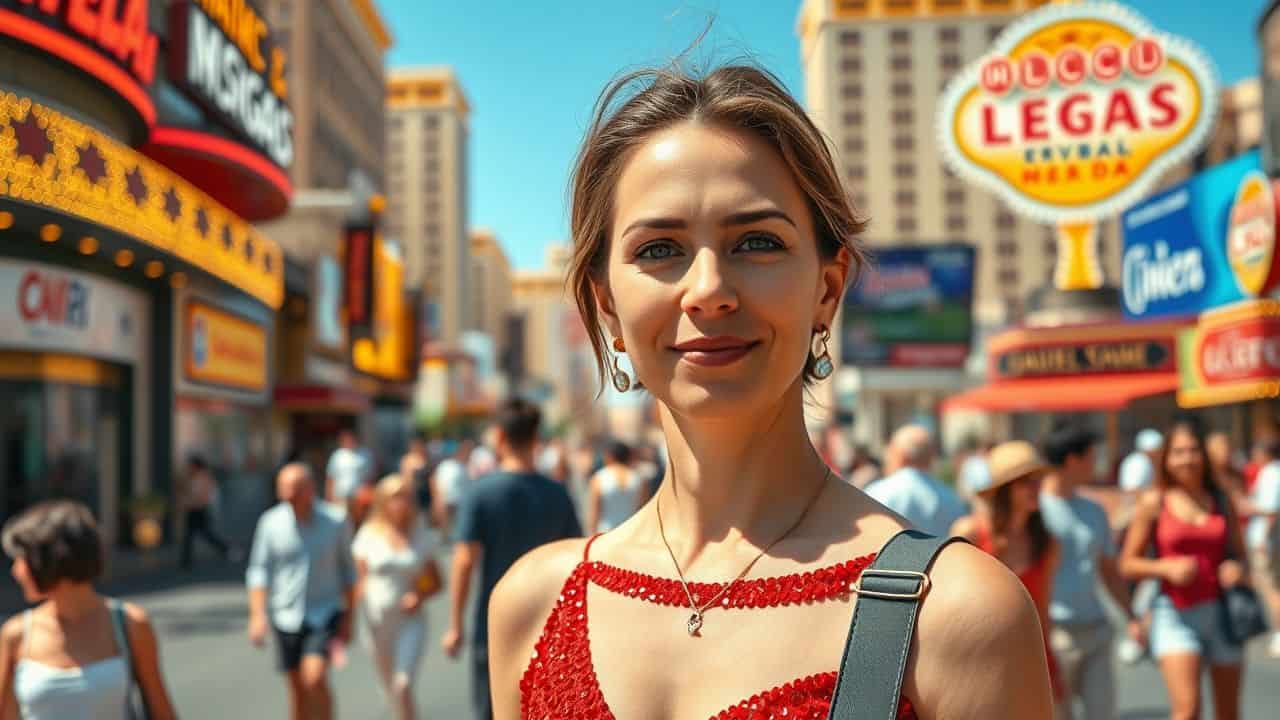 A woman in her mid-30s wearing a red sequined top on the Las Vegas Strip.