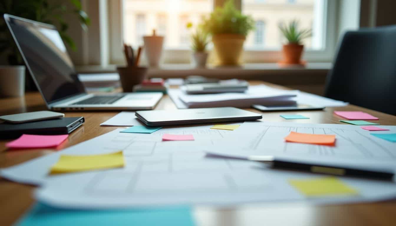 A cluttered desk with scattered papers, sticky notes, and gadgets.