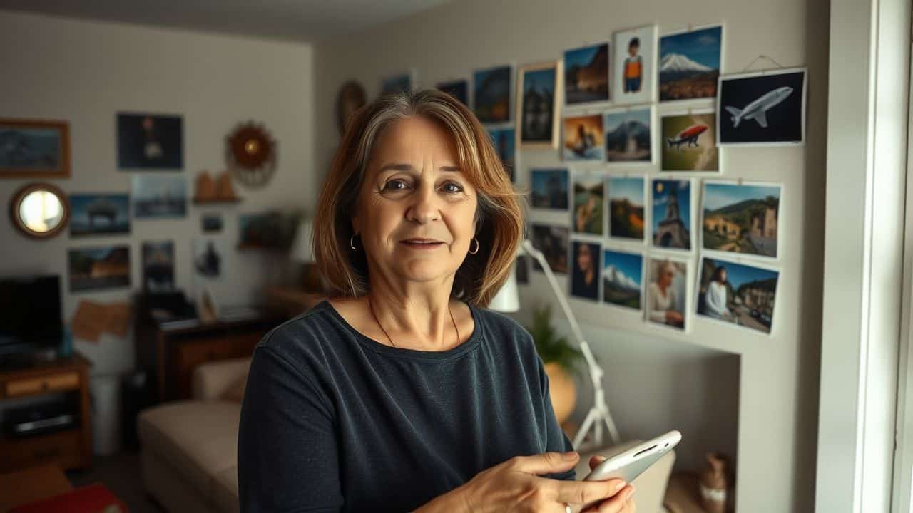 A middle-aged woman organizes personal items and travel photos in her cluttered living room.