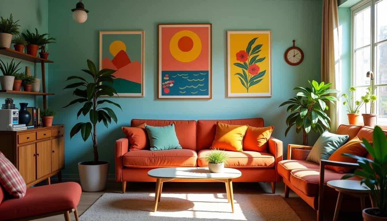 A cozy, creative living room with vintage furniture and colorful art.