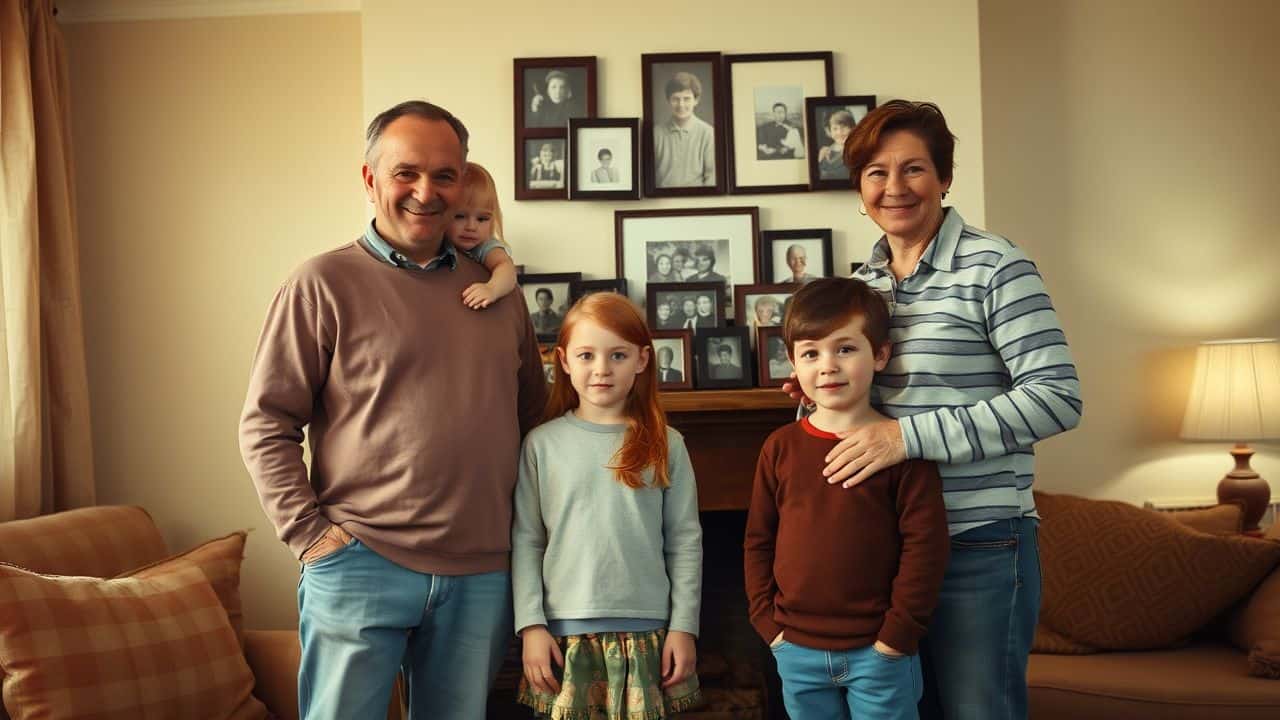 A family of four standing in a cozy living room with old family photos.