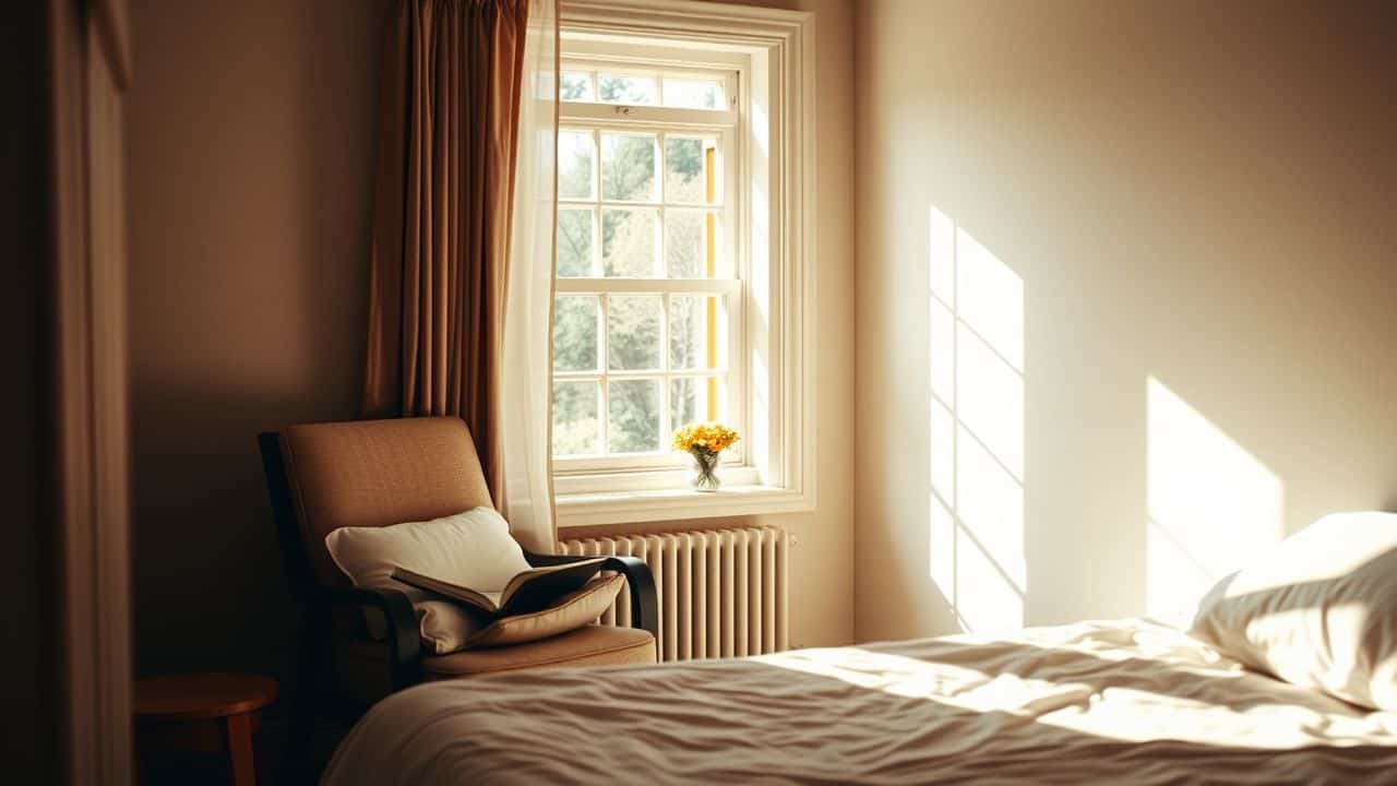 A cozy bedroom with a reading nook, inviting for quiet reflection.