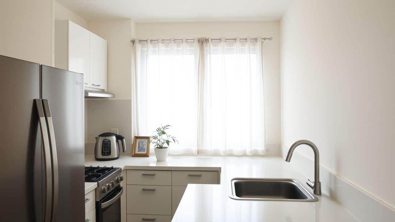 A clean and minimalistic kitchen with stainless steel appliances and a plant.