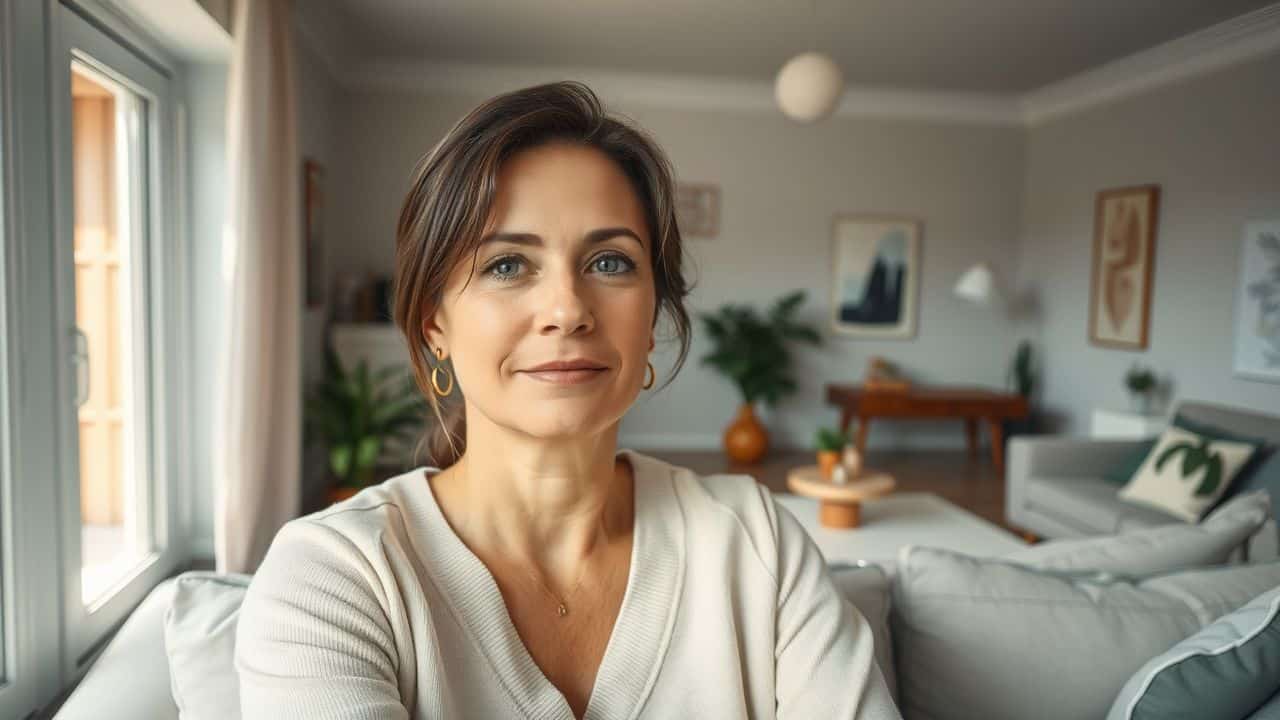 A woman sitting in a modern living room with minimalistic design.