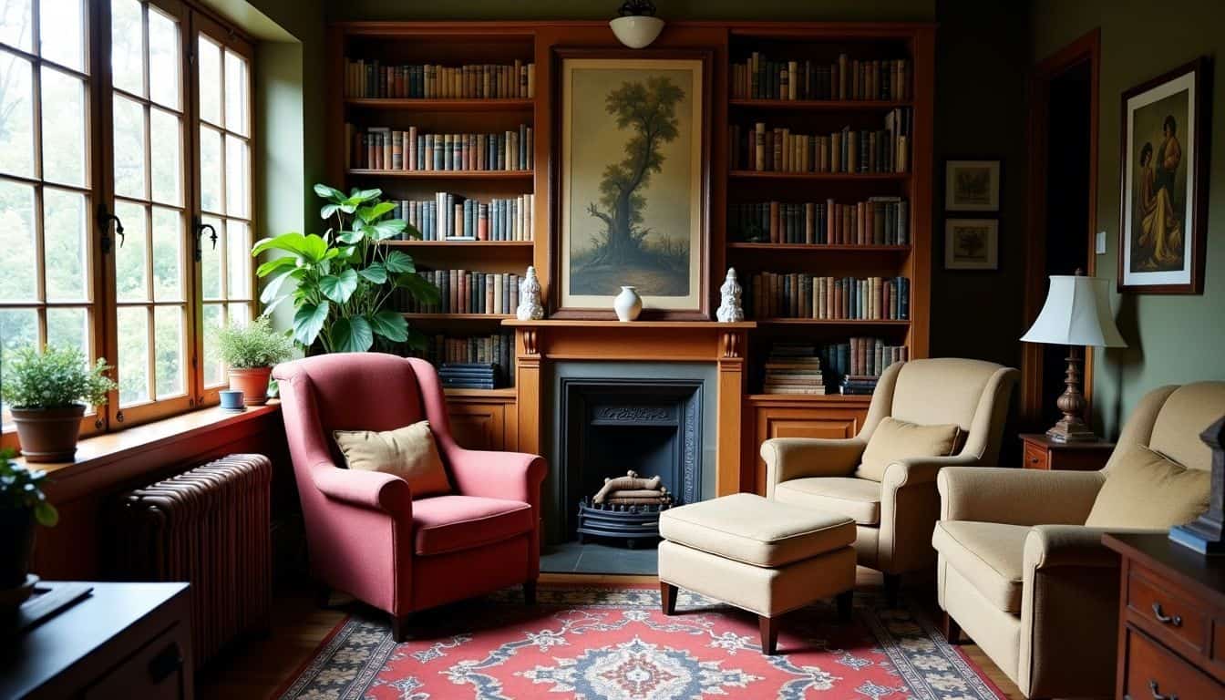 A cozy vintage living room with packed bookshelves and dainty plants.