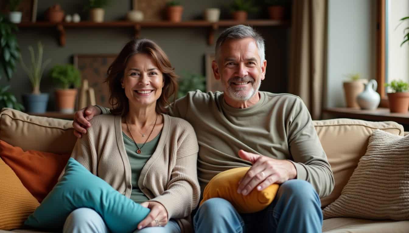 A middle-aged couple arranging pillows and blankets in a cozy living room.