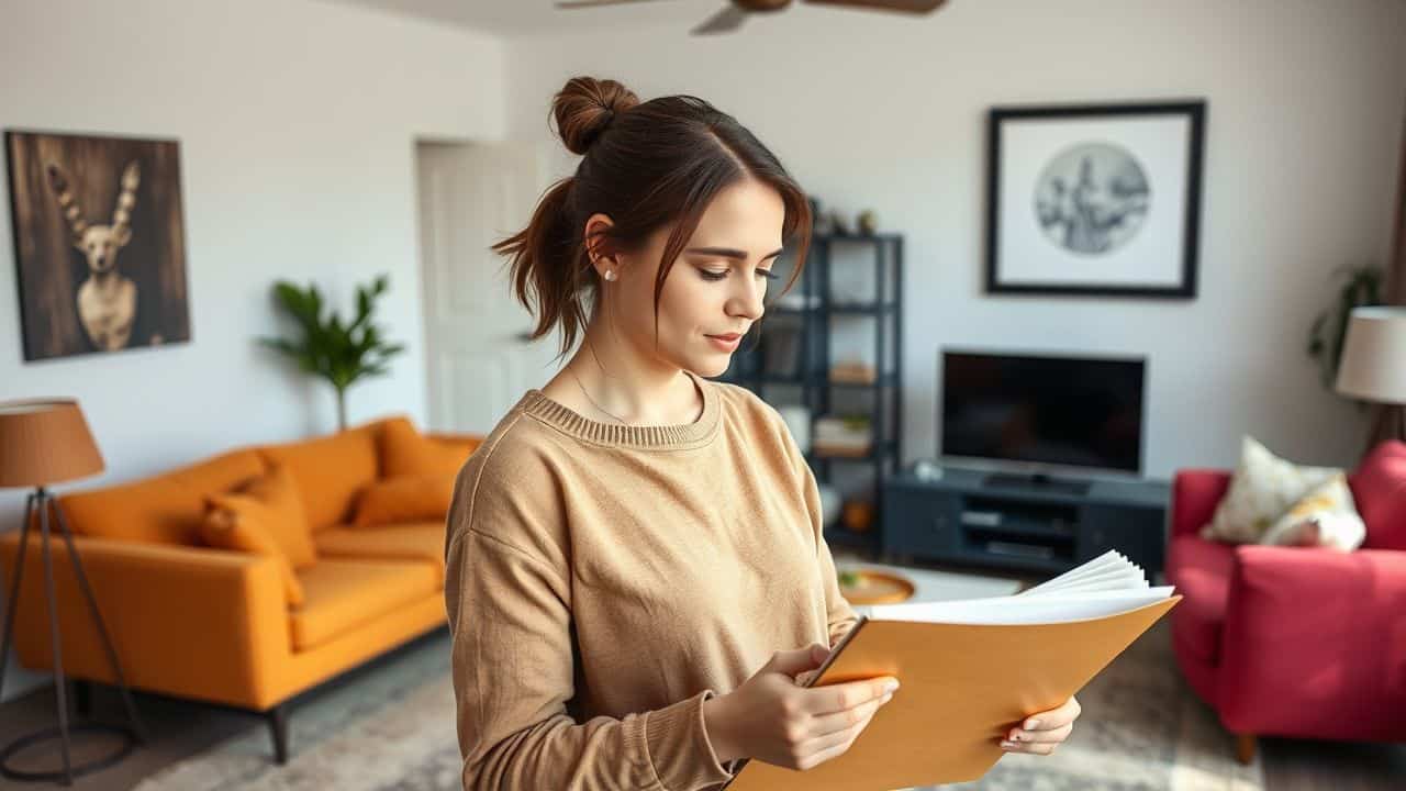 A mid-30s woman arranging her modern and trendy living room.