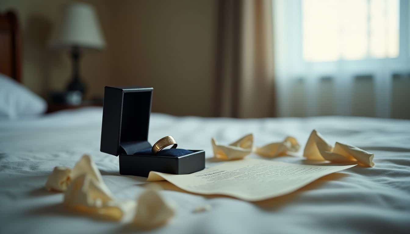 An empty wedding ring box surrounded by tissues and a torn love letter.