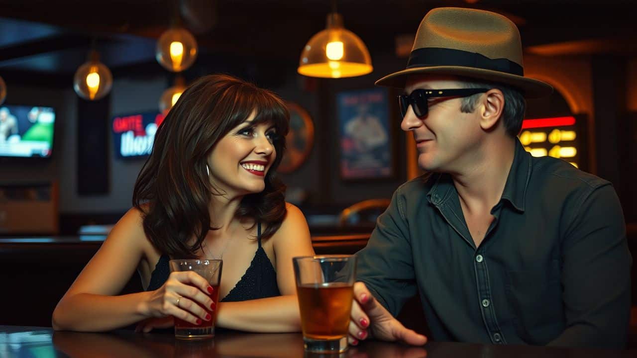 A middle-aged woman and man chatting and flirting at a dimly lit bar.