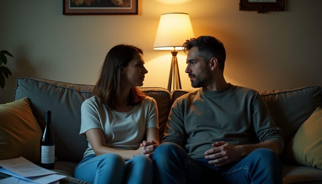 A couple in their 30s sits on a worn-out sofa, holding hands and having a private conversation.