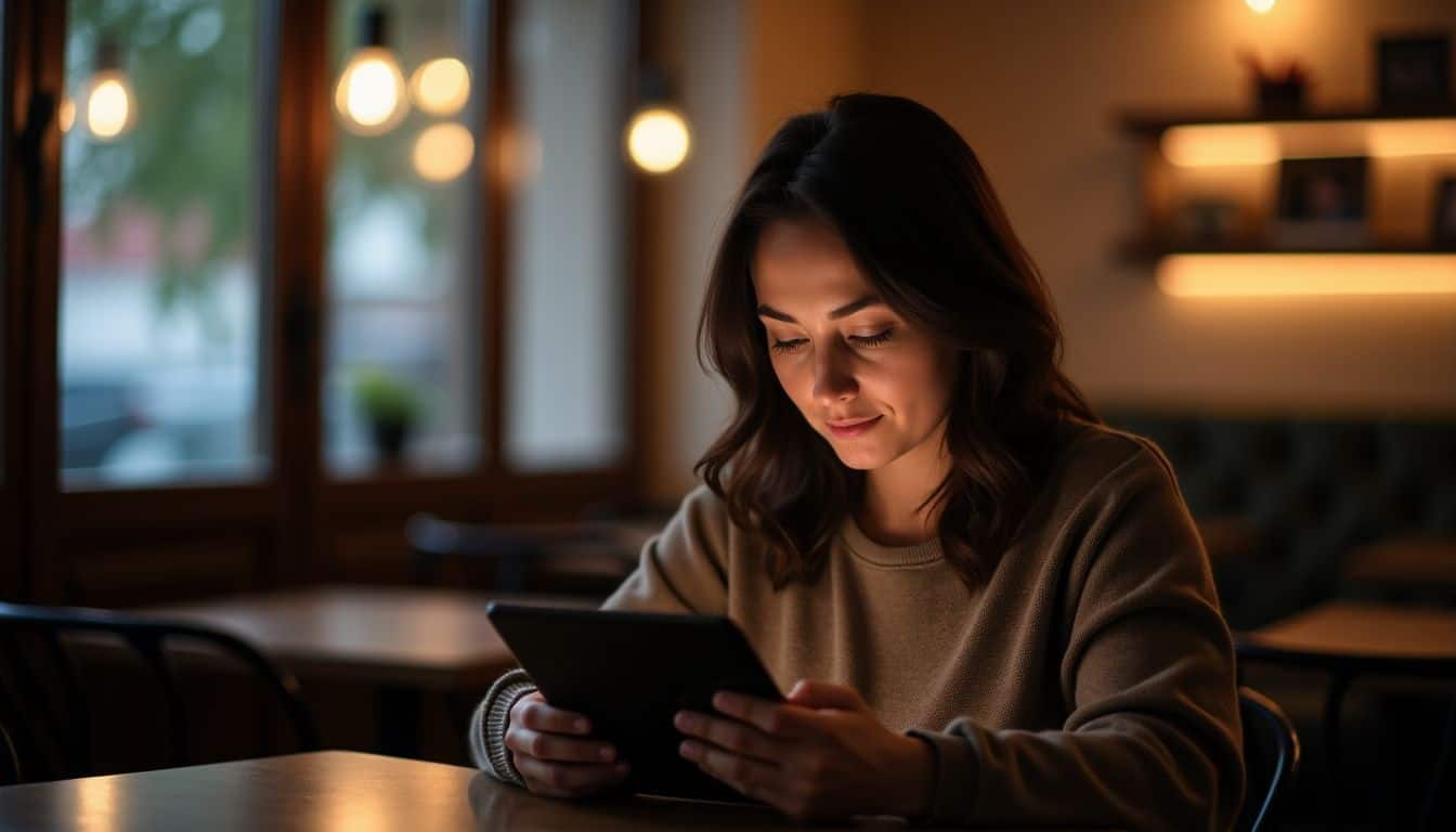 A woman reading romantic story on tablet in dimly lit cafe.