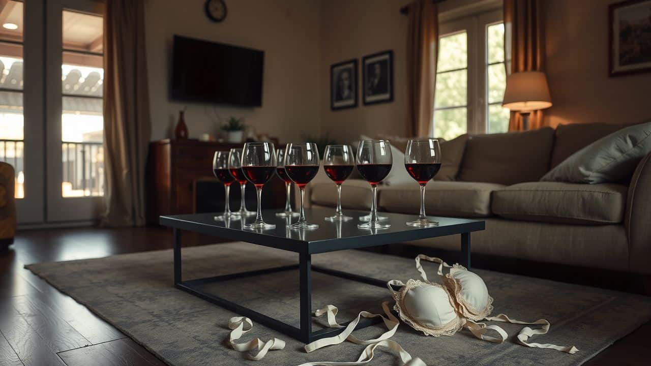 A living room aftermath of a party with scattered wine glasses.