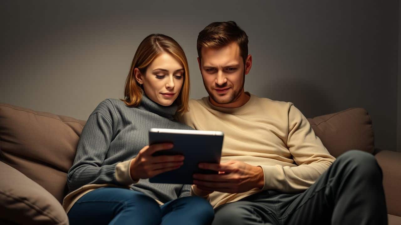 A couple in their 30s sitting comfortably on a sofa, reading.