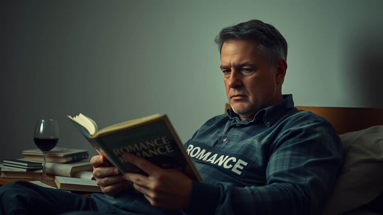 A middle-aged man enjoys a romance novel with a glass of wine.