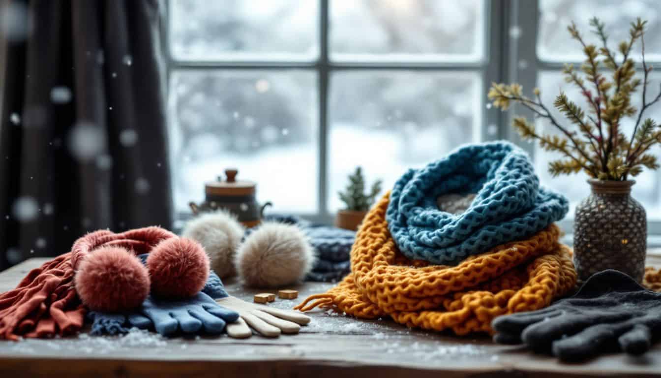 A cozy winter scene with colorful scarves, earmuffs, and gloves.