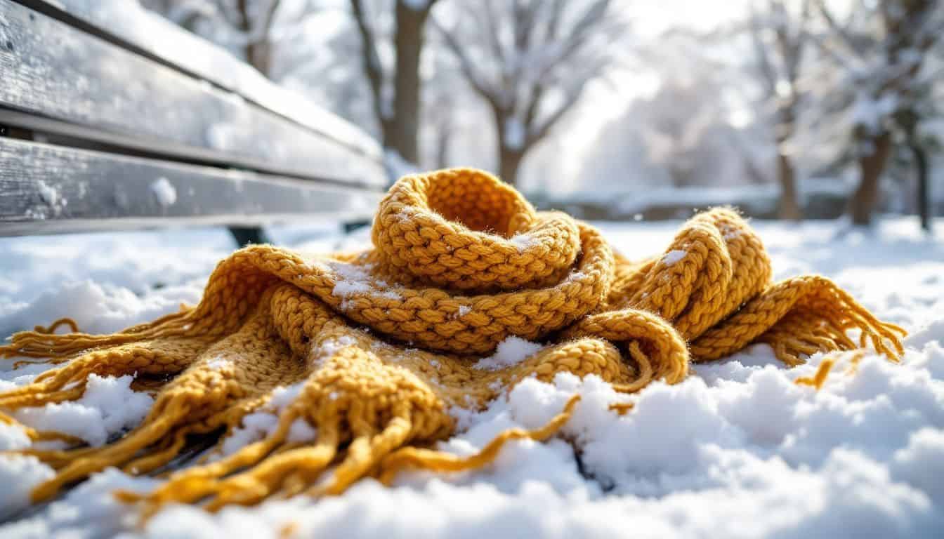 A mustard-colored scarf rests on a snowy bench in a park.