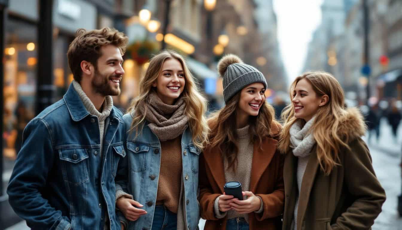 Four friends in trendy coats walking in a bustling city.