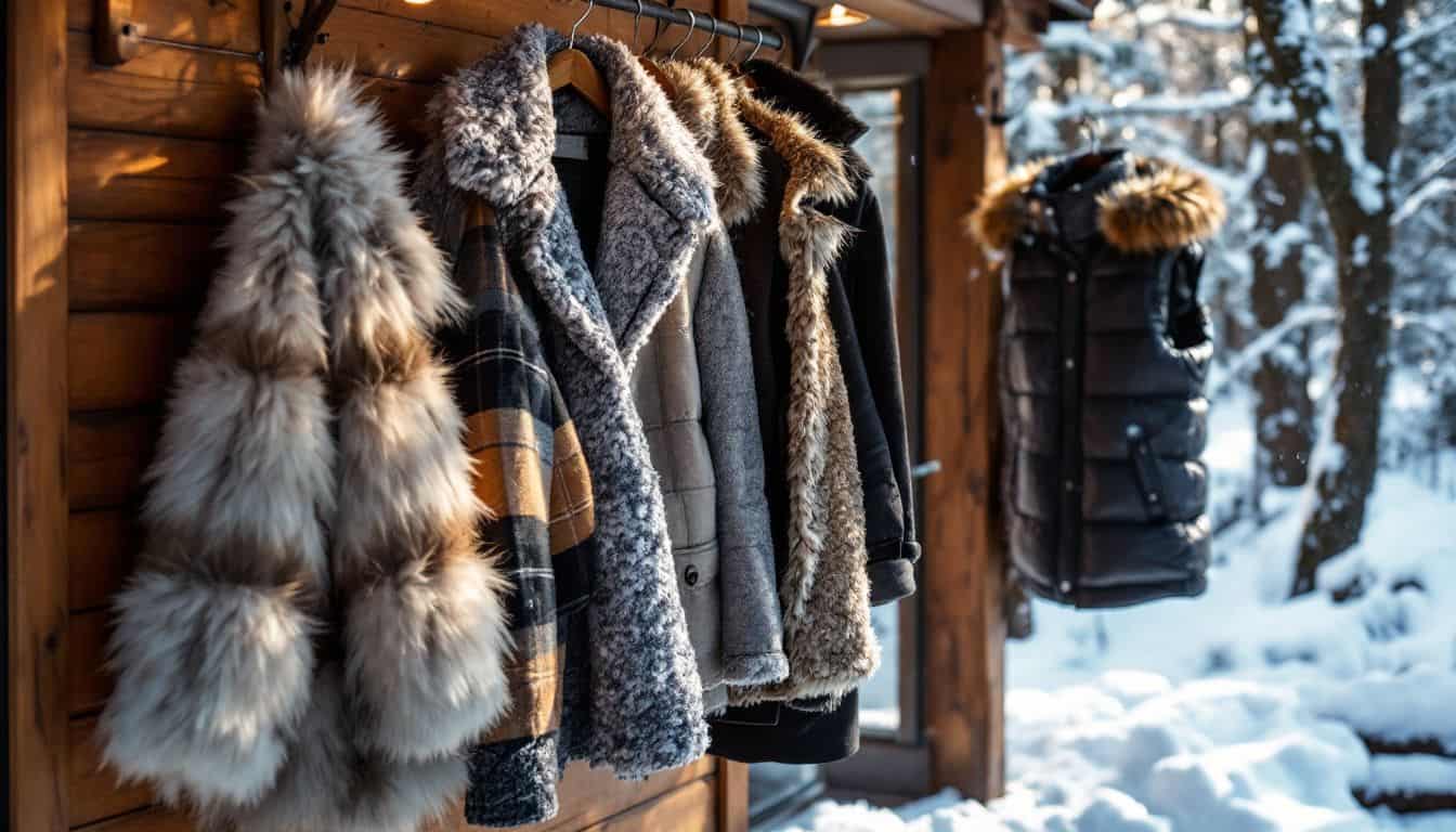 A cozy cabin in a snow-covered forest with winter outerwear.