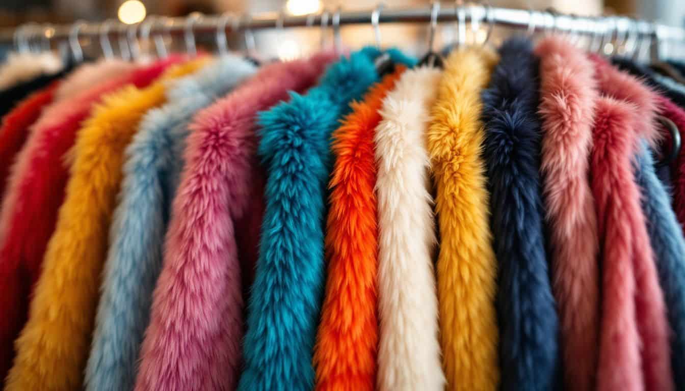 A row of colorful faux fur coats on display in a boutique.