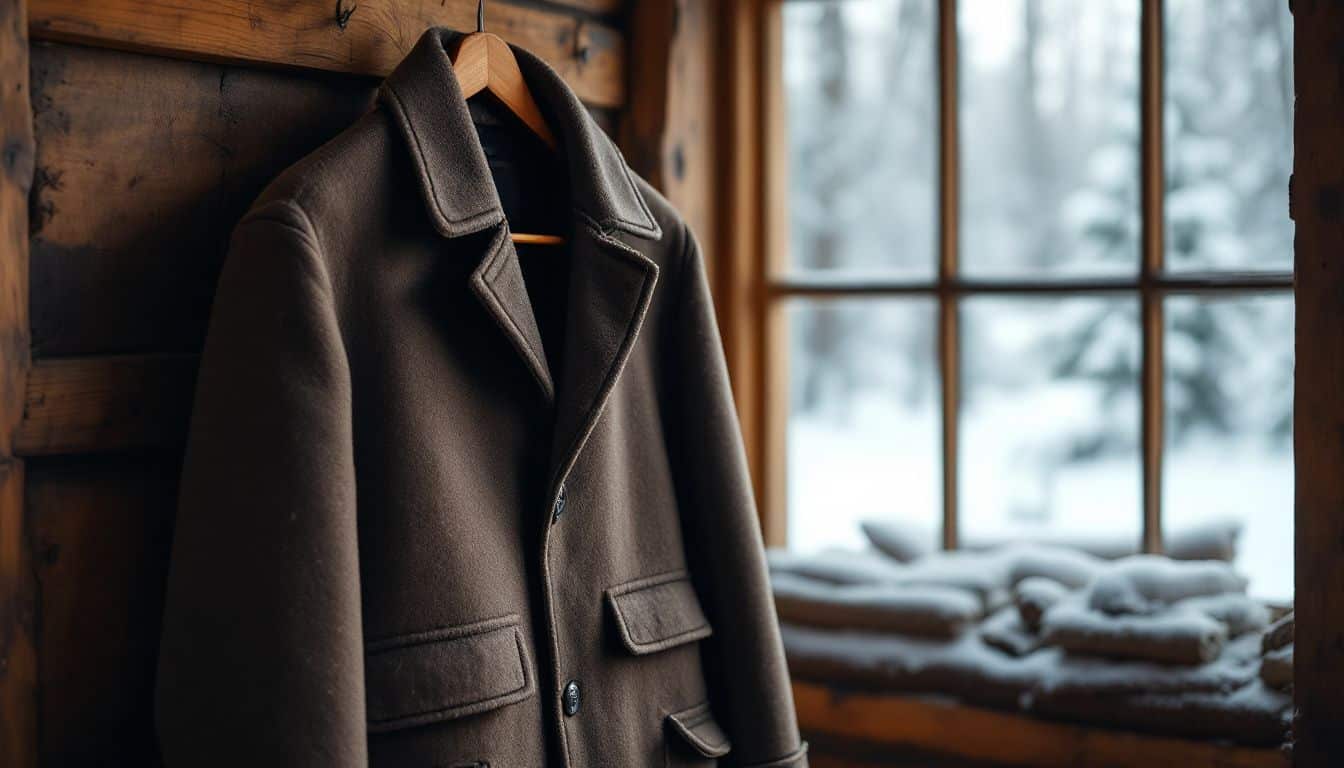 A wool coat hangs on a rustic coat rack in a cozy cabin.