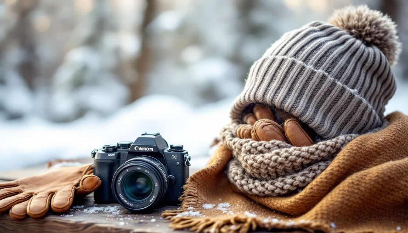 A pair of gloves, scarf, and beanie arranged in a snowy background.