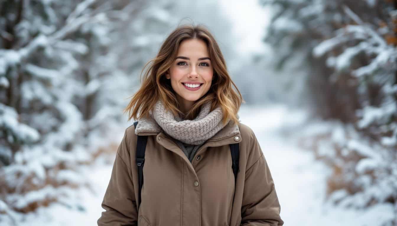 A woman in her 30s walks along a snowy path in winter clothing.