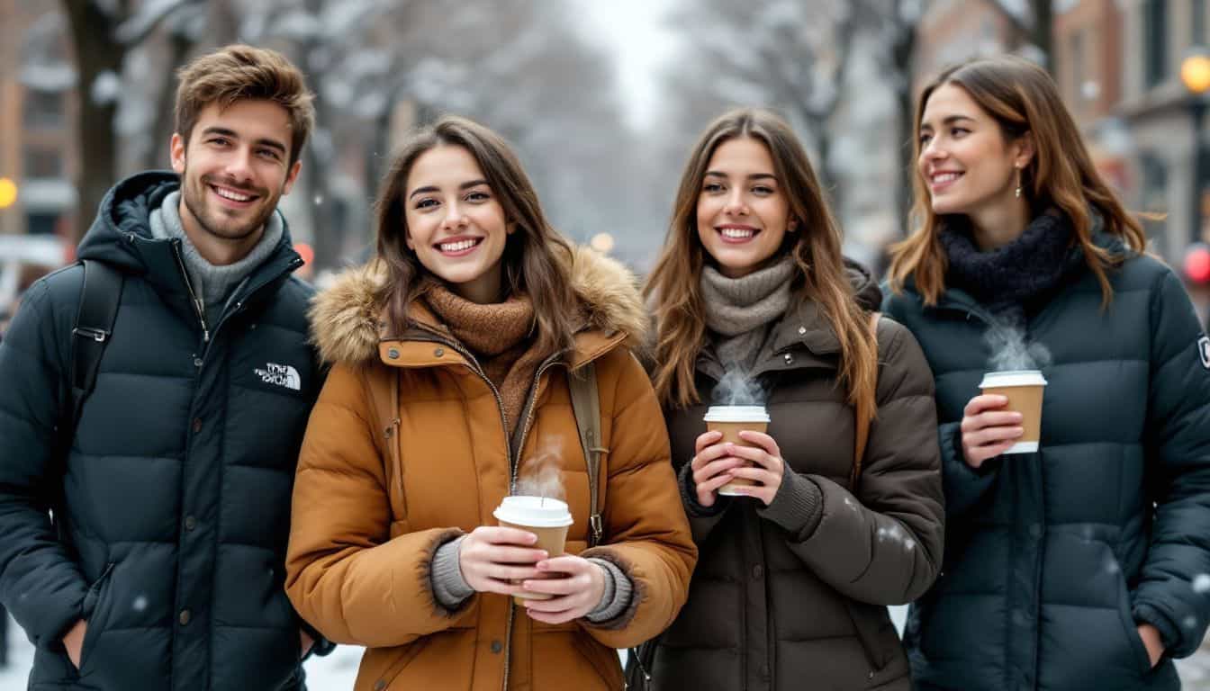 A group of stylish young adults strolling through a snowy park with warm beverages.