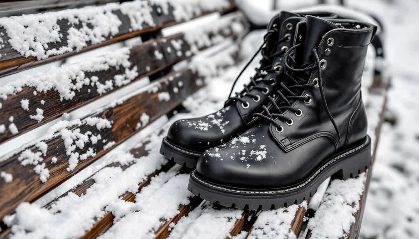 A pair of black leather boots with lug soles on snowy bench.