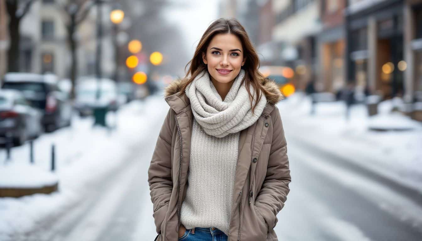 A woman in her mid-30s wearing a cozy winter outfit walks on a snowy city street.