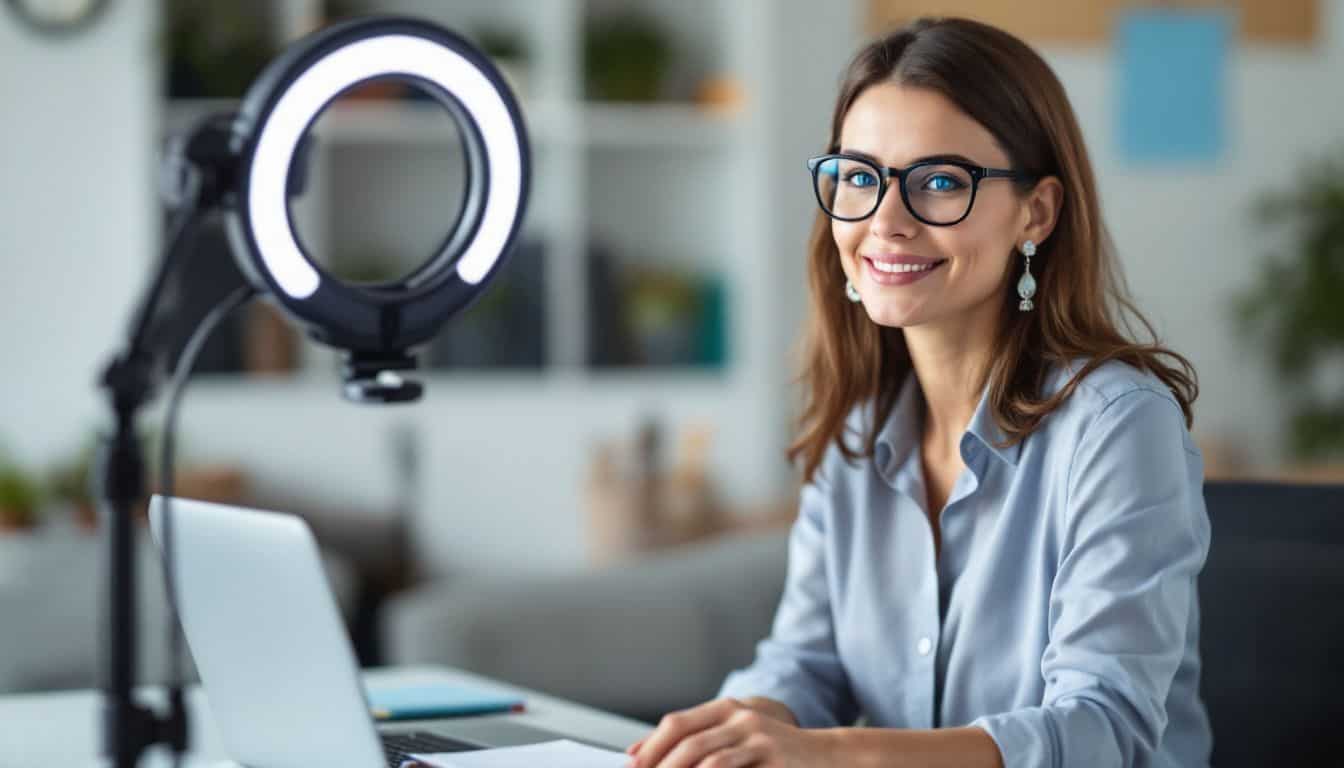 A woman in her 30s sets up a professional home office for video calls.